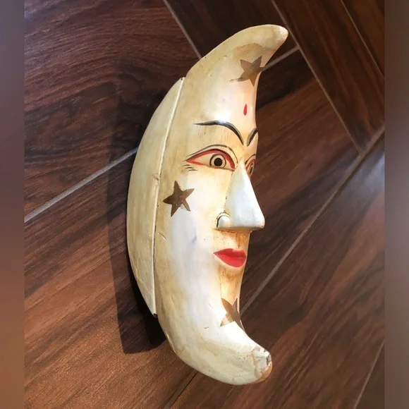 Vintage Hand Carved Anthropomorphic Crescent Moon Box, Celestial